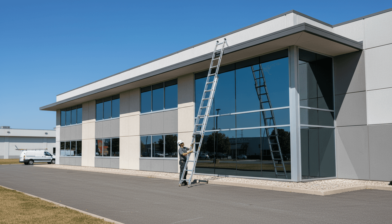 Technician placing a ladder against a commercial building roofline