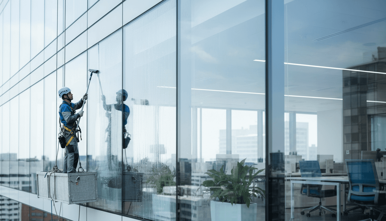 Professional window cleaner squeegeeing a large office window