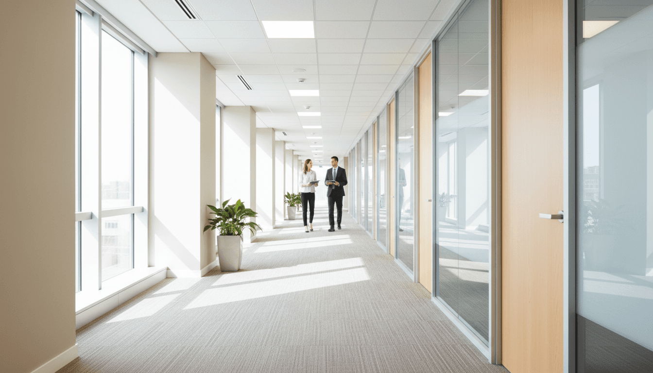 Bright commercial office hallway with freshly vacuumed carpet in natural light