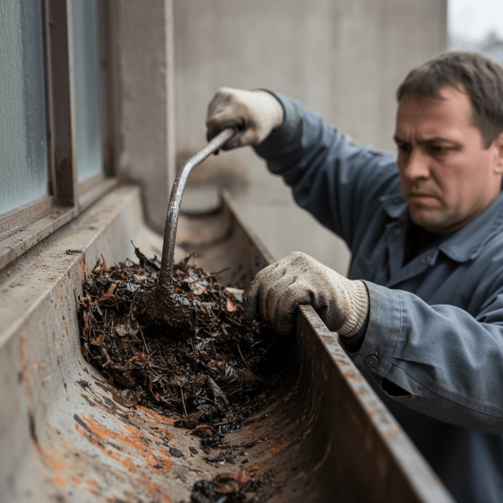 Worker clearing a clog from a commercial gutter with a hand tool
