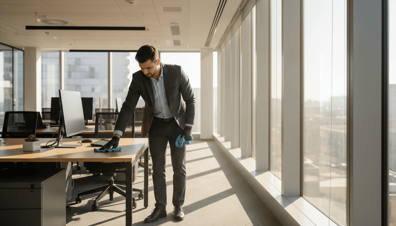 Commercial office desk being dusted with a microfiber cloth in sunlight