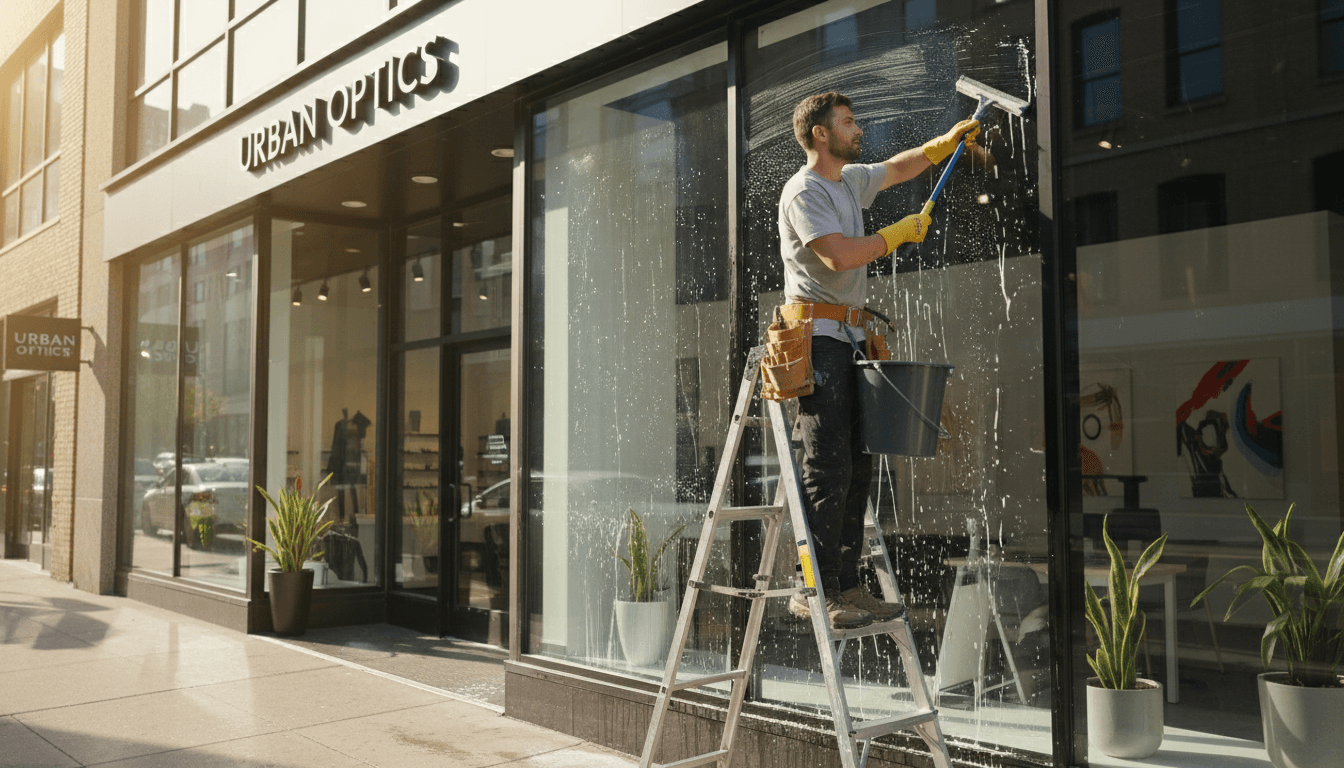 Commercial storefront with a window cleaner on a ladder reaching upper-level glass