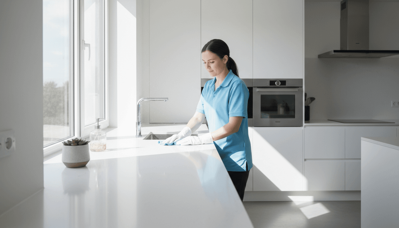 Professional cleaner wiping a modern kitchen counter in bright natural light