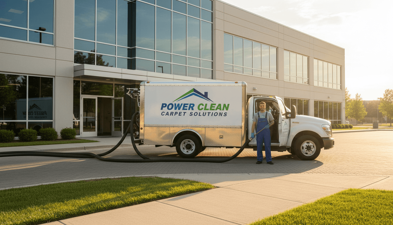 Commercial carpet cleaning truck with extraction hoses connected outside an office