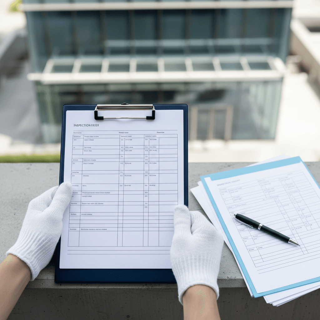 Hands holding a clipboard with a completed inspection checklist outside a commercial building