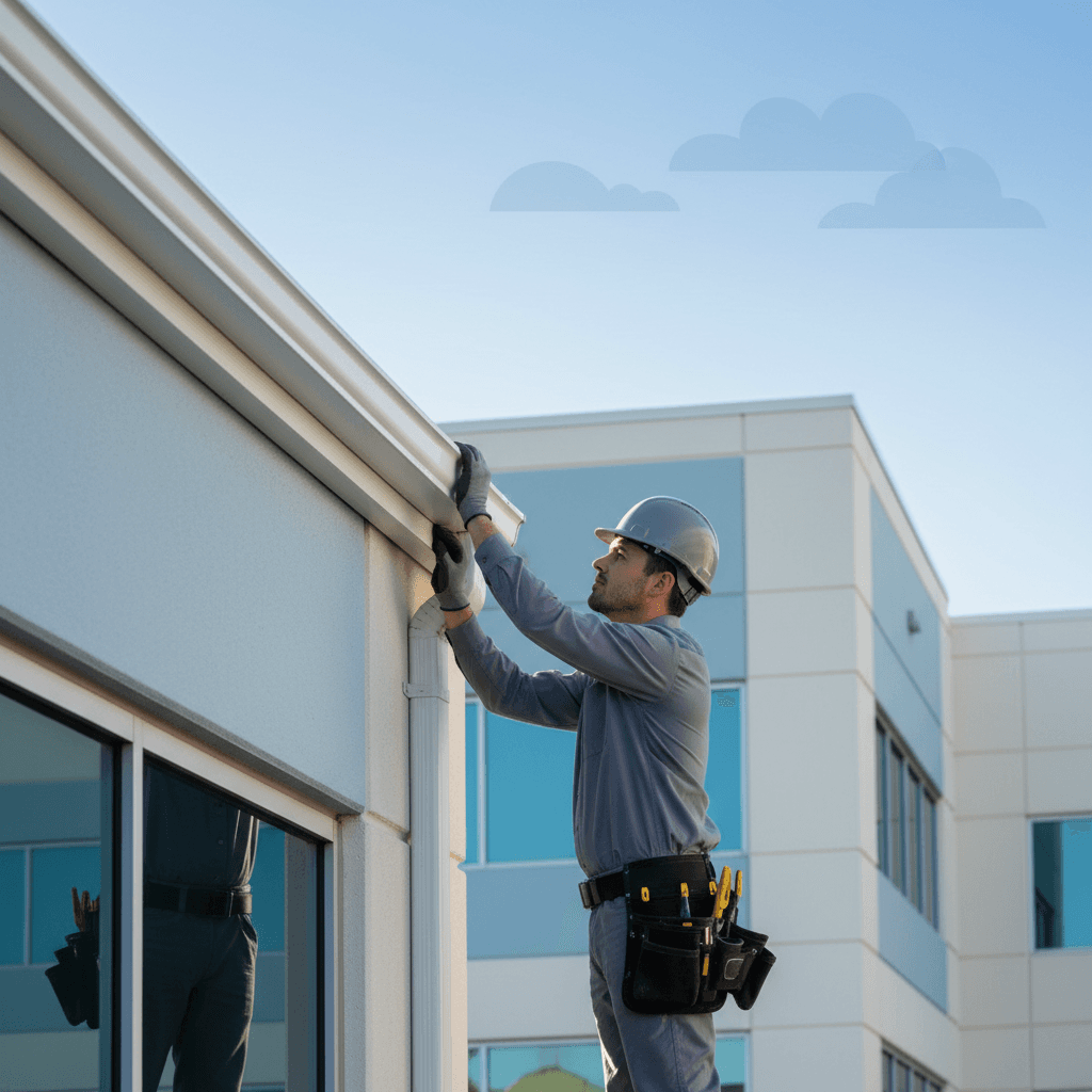 Technician inspecting fascia and gutter edges on a commercial building