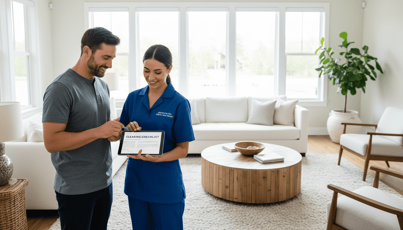 Professional cleaner reviewing a checklist with a homeowner in a bright living room