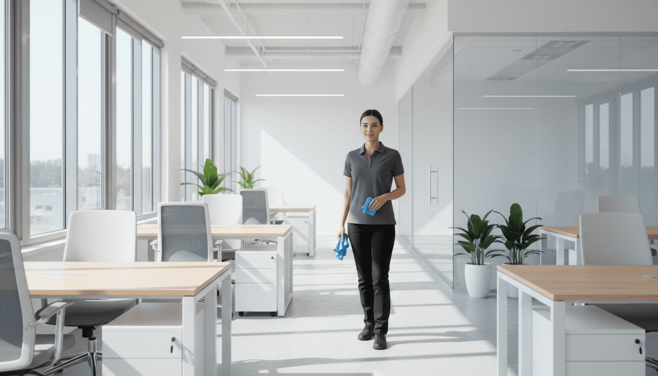 Commercial office interior with a cleaner in the background