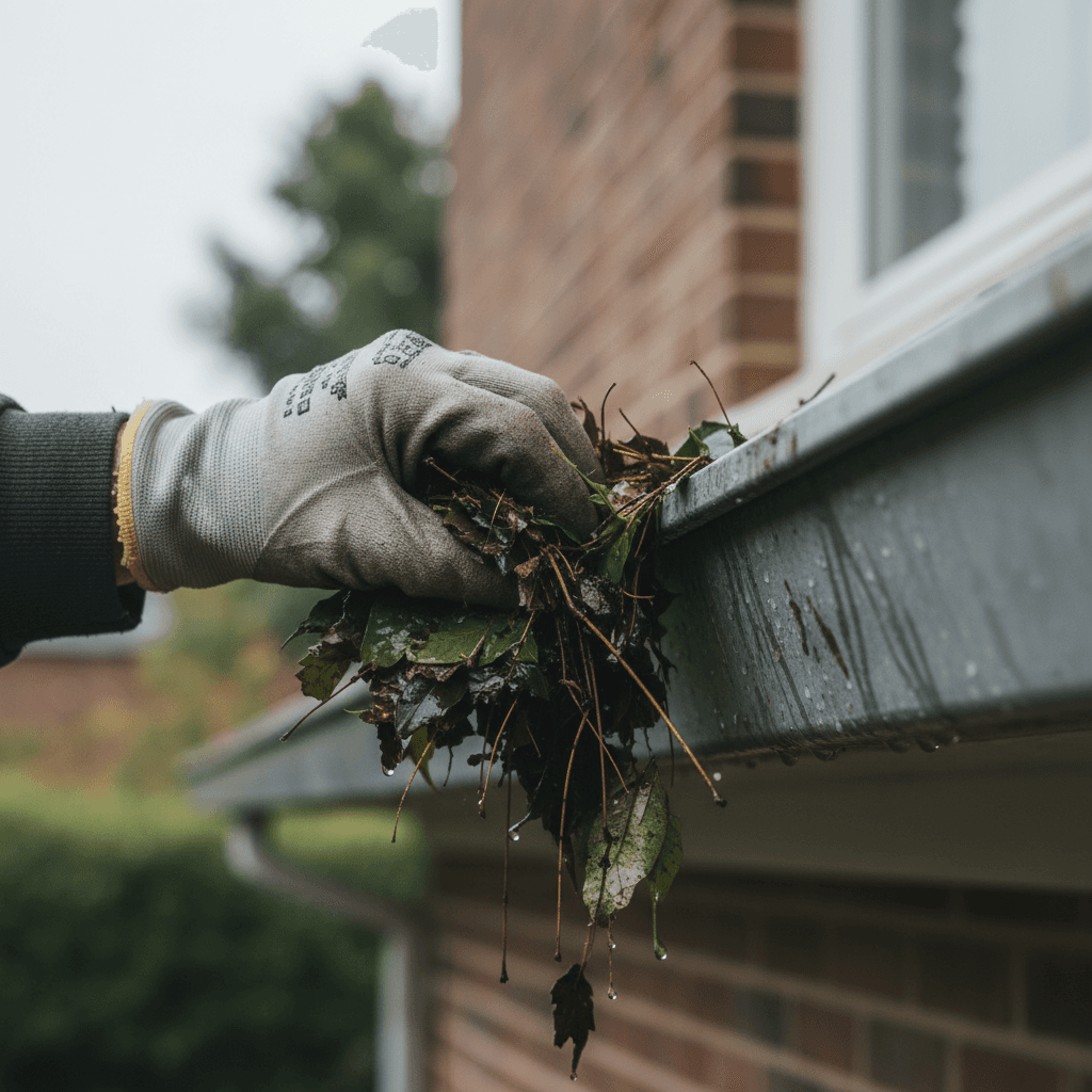 Gloved hand removing wet leaves from a commercial gutter