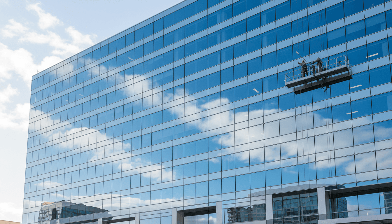 Clean commercial windows on a large office building in morning light