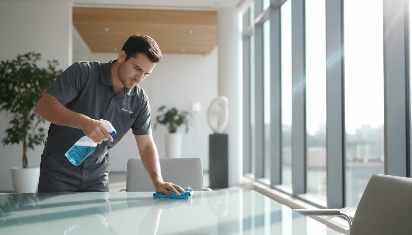 Professional cleaner wiping a modern office desk with a spray bottle in bright natural light